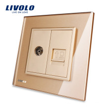 Livolo Gold Crystal Glass Panel VL-C791VC-13 Wall TV and COM RJ45 Internet Socket Outlet Electric Plug